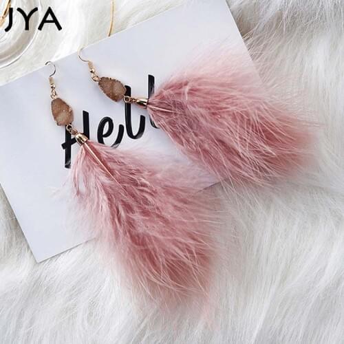 Cpop Fashion Feather Earrings Nature Stone Long Tassel Drop Earrings for Women Cute White Pink Color Pendientes Mujer Moda 2018