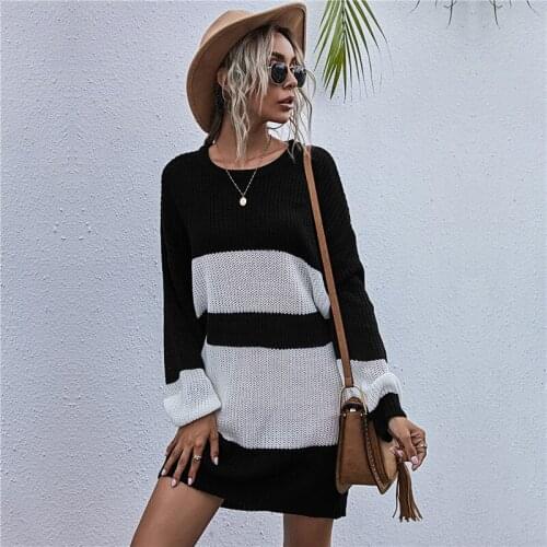 Autumn Sweater Long Women Knitted Jumpers Long Sleeve Knitted Pullover Black And White Patchwork Long Sweaters for Women Fashion