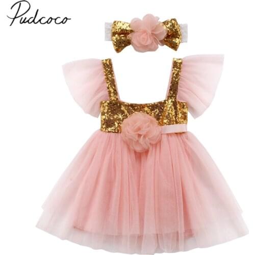 2018 Brand New Toddler Infant Newborn Baby Girl Princess Wedding Flower Tutu Tulle Sequins Dress+Headband 2Pcs Chiffon Dresses