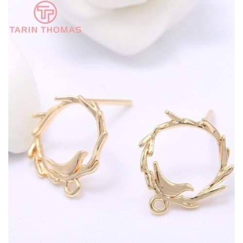 4PCS 13x15MM Hole 1MM 24K Gold Color Brass Round with Bird Stud Earrings High Quality Diy Jewelry Findings Accessories