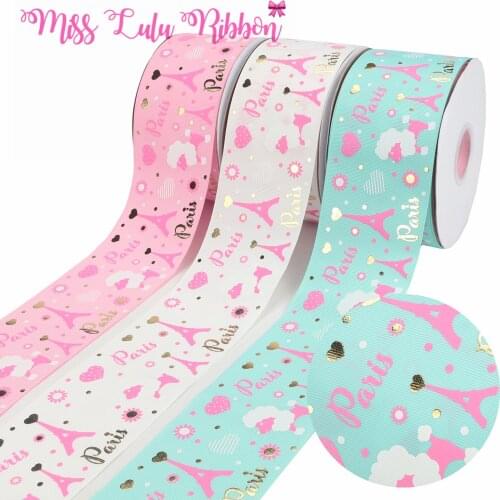 3 "75mm Architectural Design Pink Eiffel Tower Gold Foil Gradient Printed Satin Ribbon DIY Decoration 50 Yards / Roll
