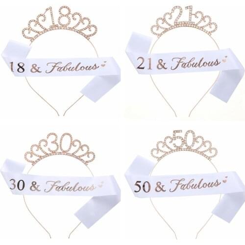 Birthday Headband Happy Birthday Decoration 18 21 30 50 60 70th Birthday Satin Sash Tiara Headband Set for Birthday Party Decor