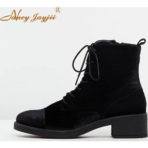 Velvet Winter Women Shoes Ankle Boots Adult Ladies Round Toe Zipper Lace-up Square Heel Fashion Dress Big Size 45 44 Nancyjayjii