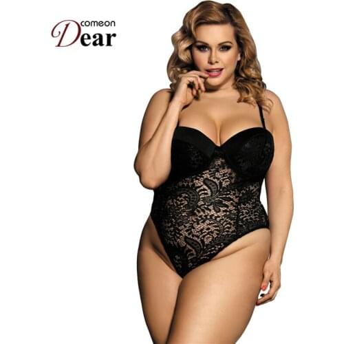 Comeondear Plus Size Black Bodysuit 5XL Sleeveless Lace Teddy See Through Sexy Jumpsuit Women Playsuit Push Up Overall RB80285