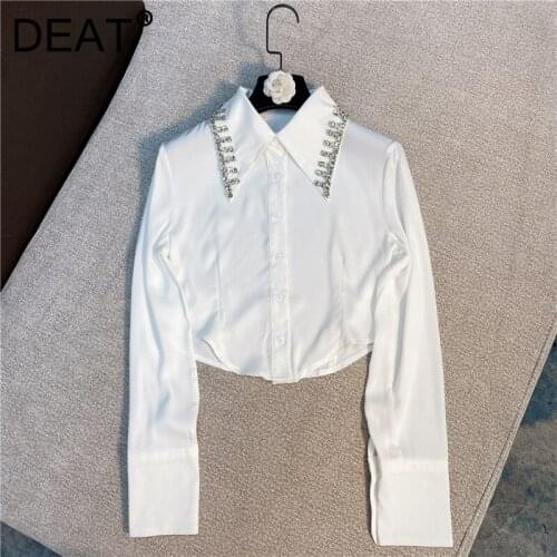 DEAT Women Diamond T-shirt New Arrivals Lapel Solid Color Long Sleeve Fashion Temperament Autumn 2021 11D2328