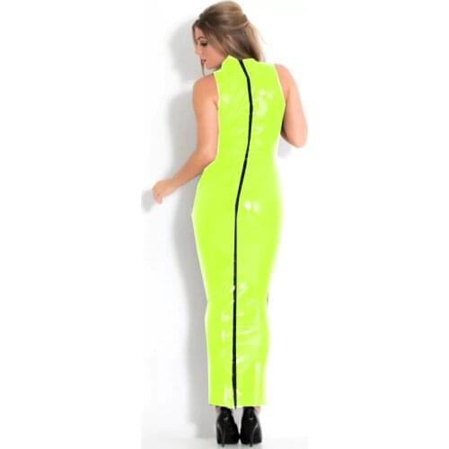 Two Way Zipper Long Dress High Neck Bodycon Celebrity Party Club Vinyl Maxi Dress Sleeveless PVC Dress Vestido plus size dress