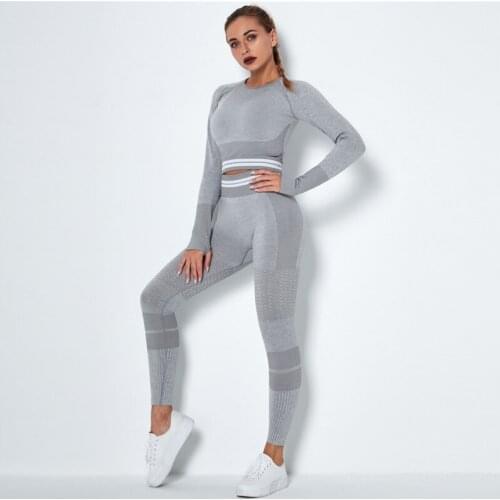 Fitness 2 Piece Set Women Seamless Fitness Tracksuit Mujer 2 Piece Set High Waist Leggings Long Sleeve Top Female Running Set