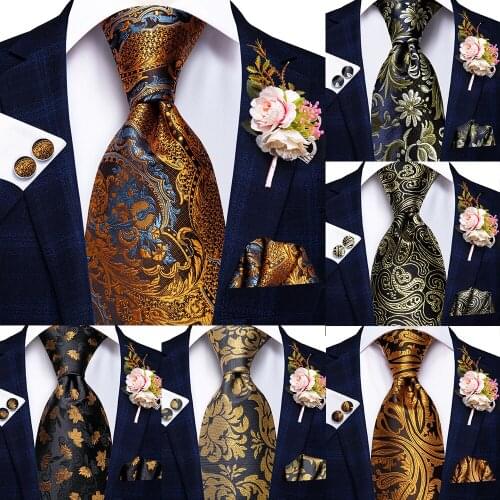 Hi-Tie Design Fashion Men Tie Luxury Gold Black Paisley Floral Silk Wedding Tie For Men Hanky Cufflink Gift Tie Set Dropshipping