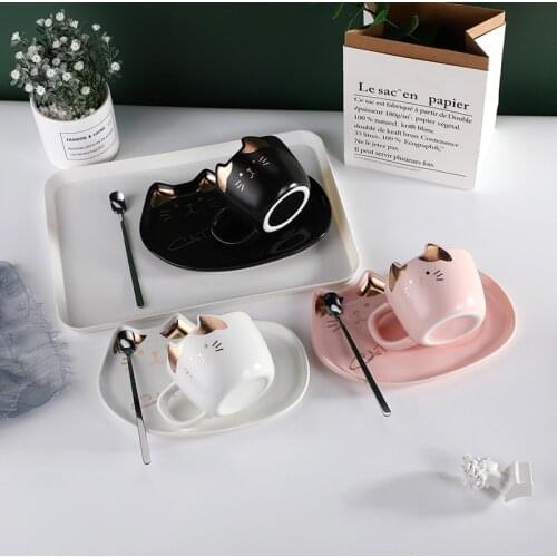 Korean Cartoon Cat Ceramic Cup and Dish Set, Fashionable and Elegant Coffee Cup, Mug, Water Cup with Dish and Spoon Mugs Coffee