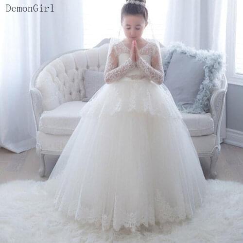 Ivory White Lace Long Sleeve Flower Girls Dresses Ball Gown Princess Wedding Party Dress First Communion Gowns