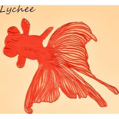 Lychee Vintage Polyester Yarn Red Goldfish Patch DIY Craft Women Bag Garment Sewing On Decor Cloth Applique Badge