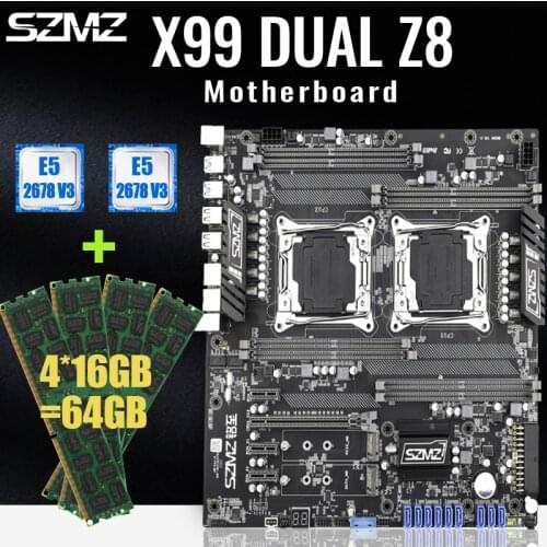 SZMZ X99 Dual CPU Motherboard Set Support Mining Socket LGA2011-3 With 2*E5 2678V3 And 4*16GB DDR4 2400MHZ ECC REG RAM