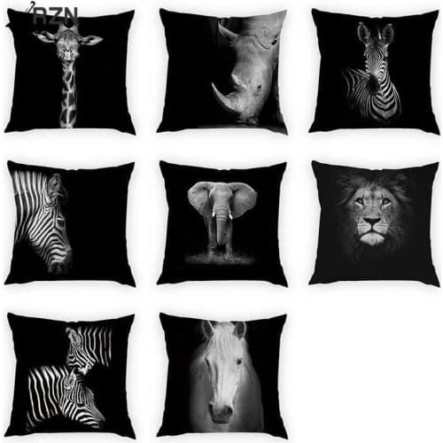 Black and White Animal Photos Pattern Cushion Cover Rhino Zebra Giraffe Peach Skin Print Home Decor Throw Pillow 45*45cm