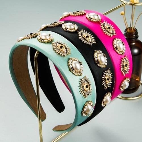 2021 New Fashion Baroque Style Retro Imitation Pearl Eyes Headband Rhinestones Wide-brimmed Fabric Hair Accessories for Women
