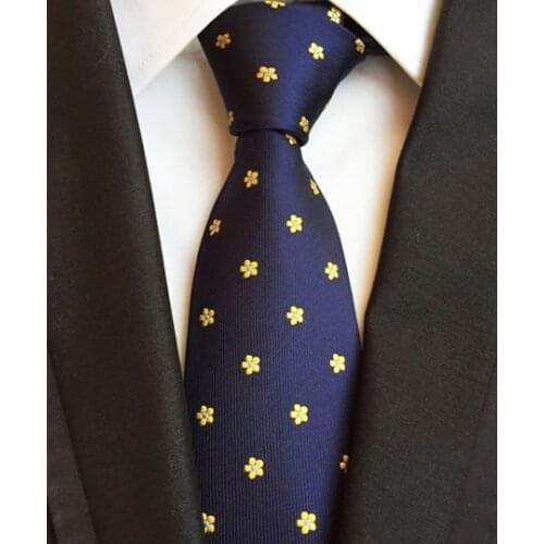 8cm New Classic Ties Mens Floral Necktie Navy Blue with Yellow Embroidered Flowers