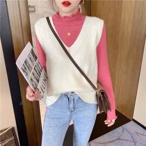 New Fashion V-Neck Sweater Vest Womens Autumn Winter Trend Loose Sleeveless Knitted Sweater Vest Solid Warm Top Vest