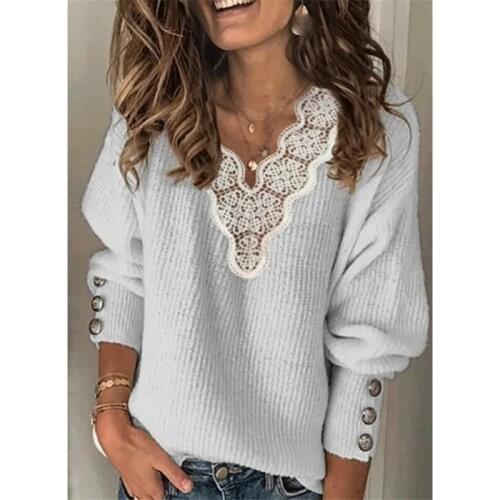 Solid Gray Sweater Women Lace V Neck Patchwork Loose Pullovers Autumn Winter Casual Warm Long Sleeve Knit Sweater Plus Size