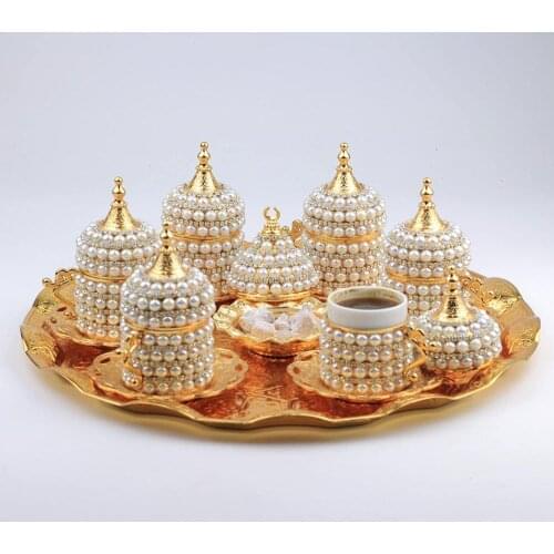 Handmade authentic Design Turkish Greek Arabic Coffee Espresso Set for 6 Service, Cups Saucers Lids Tray Delight Candy Dish GIFT