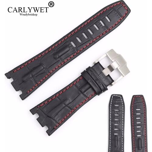 CARLYWET 28mm Black Real Leather Handmade Thick Wrist Watch Band Strap Belt For ROYAL OAK OFFSHORE Audemars Piguet 42mm
