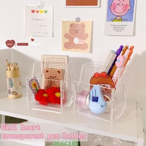 Yisuremia New Kawaii Transparent Pen Holder Desktop Stationery Organizer Storage Box Acrylic Cartoon Desk Pencil Box Stationery