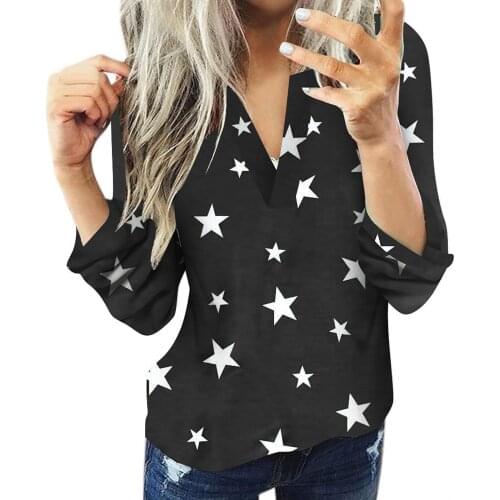 Women Star Print Shirts Casual Cotton Long Sleeve Star Shirt Womens Slim Elegant Shirt Top Blouses Sexy V-neck Blouses рубашка