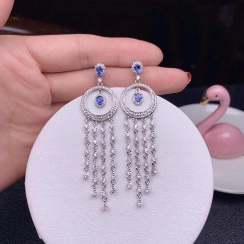 Luxurious long Tassels circle Natural blue sapphire drop earrings 925 silver natural gemstone earrings women girl party jewelry