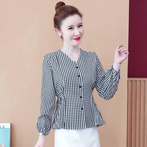 WomenS Spring Autumn Style Chiffon Blouses Shirts WomenS Elegant Plaid Button Long Sleeve Korean Loose Tops SP683