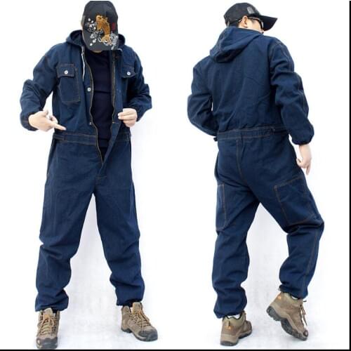 M-4xl Denim Overalls Workwear Jumpsuit Long Sleeve Multi-pocket Hood Loose Large Size Jumpsuits Uniform Wear Resistan Jeans
