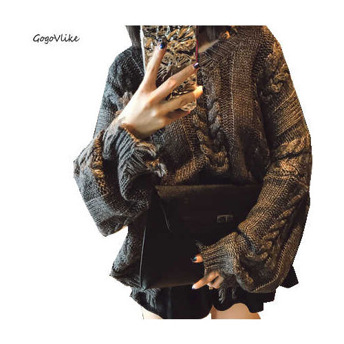 Ripped Pullover Sweater Gray Women Irregular Knit Loose Top 2020 New Loose Knit Big size Sweater V Neck winter LT806S50