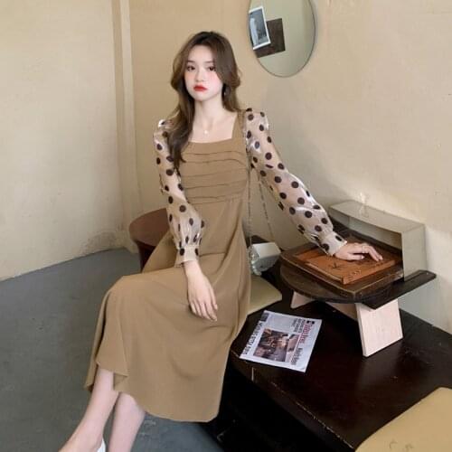 COIGARSAM Women One Piece Korea Dress Autumn 2021 New French Style Long Sleeve Patchwork Polka Dot Chiffon Coffee Black Dresses