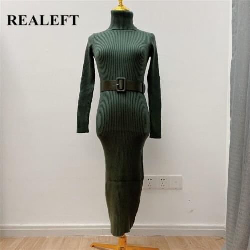 REALEFT 2021 New Winter Knitted Dress with Belt Pink High Waist Basic Long Sleeve Sheath Bodycon Sexy Midi Sweater Dress Female