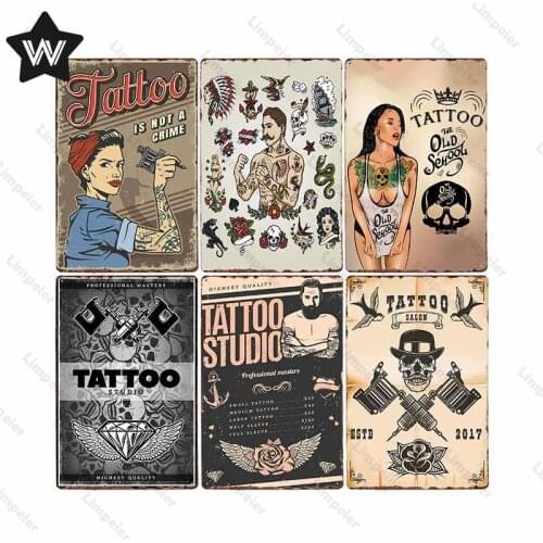 Tattoo Sign Metal Plate Tinplate Vintage Wall Sticker Metal Sign Tattoo Shop Tin Sign Metal Poster for Man Cave Club Metal Decor