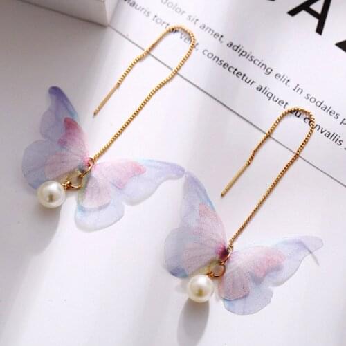 1 Pair Korean Retro Butterfly Imitation Pearl Earrings Fashion Round Flower Long Statement Wings Earrings Jewelry