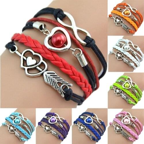 10PC/Lot Infinity Fashion Leather Handcuffs Love Heart Pearl An arrow Charm Pink Friendship Antique Braided Wristband Bracelet