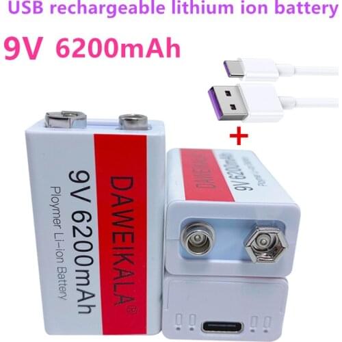 100%Original 9V USB rechargeable Li-Ion battery 9V 6.2Ah is suitable for camera and other series of electronic products+USB line