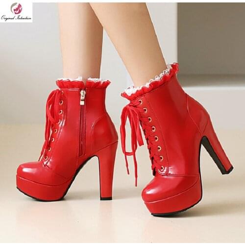 2020 Sexy Platform Ankle Boots For Women Winter Fashion Lace High Heels Boots Women Black White Red Pink Boots Lady Botas Shoes