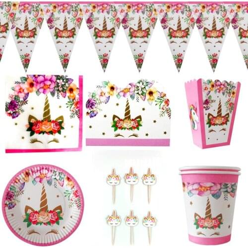 96pcs/lot Unicorn Banner Cups Plates Birthday Party Popcorn Boxes Napkins Baby Shower Cake Toppers Invitation Cards Tableware