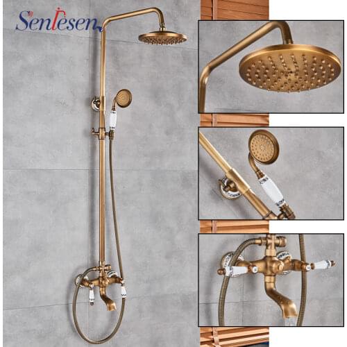 Senlesen Antique Brass Shower Faucets Set Ceramic Porcelain Shower Swivel Spout Wall Mount Dual Knobs Mixer Tap Bath Shower Kit