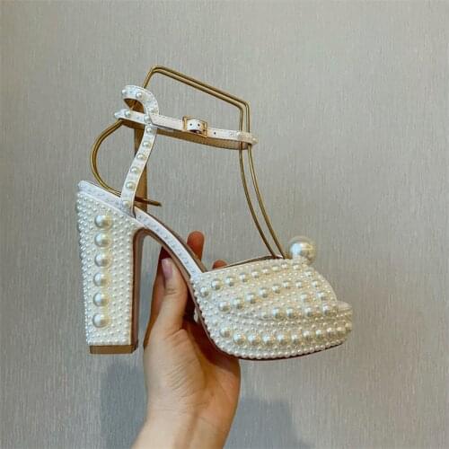 Ankle Strap Platform Sandals Women High Heels Pumps Pointed Toe Ladies Pump Elegant Pearl Sandals Party Wedding Pumps Shoes