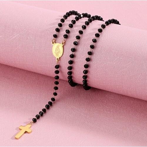 Religious Link Beads Chain Necklace for Women Stainless Steel Cross Virgin Mary Enamel Necklace Jewelry 60cm(23") long,1 PC