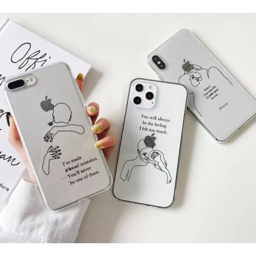 Phone Case for IPhone 6s 7 8 Plus 12 mini 11 Pro Max X XR XS Max SE 2020 Abstract Art Line couple Motto Phrase Clear Cover Coque
