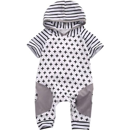 Newborn Baby Romper Boy Clothes Cotton Short Sleeve Hooded Cross Jumpsuit Infant Clothing Summer Toddler Outfits