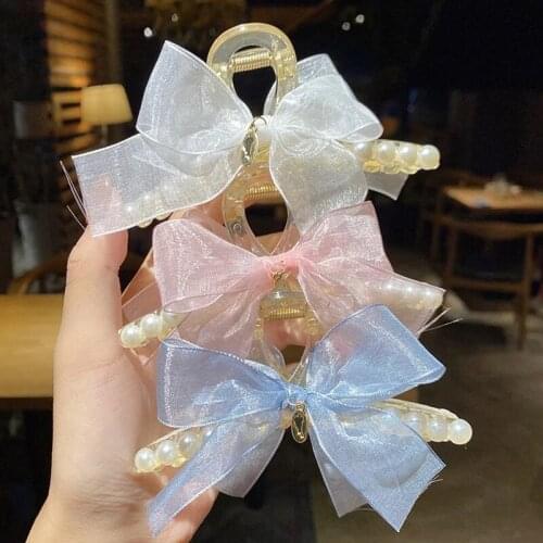 Korea Mesh Yarn Bow Gentle Fairy Simulation Pearl Catch Clip Korea Hair Accessories Hair Catch Clip Hairpin Shark Clip