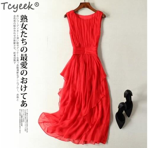 Tcyeek Summer Dress Women 100% Real Silk Long Dresses Sleeveless White Pink Dresse Party Dress Vestidos Verano 2012 Clothes 9925