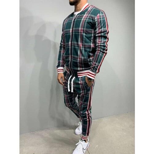 Europe United States Cardigan Checkered Coat +Sweatpants Fashion Mens Casual Two-Piece Suit 3D Print Clothing
