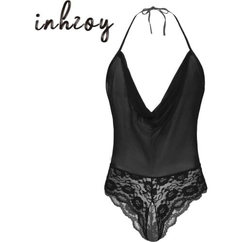 Men Sissy Lingerie Sheer Mesh Sleepwear See-through Nightwear Erotic Crotchless Bodysuits Male Crossdressing Gay Sexy Underwear