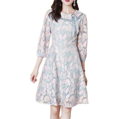 LUKAXSIKAX 2021 New Spring Autumn Women Three Quarter Sleeve Slim Mini Dress High Quality Beading Tie Elegant Lace Dress