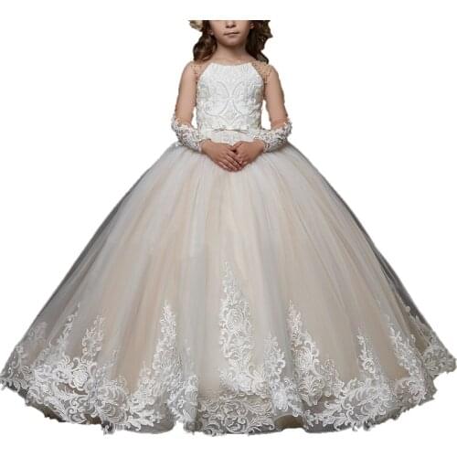 Flower Girl Dresses Primera Comunion Wedding Party Little Kids Ball Gown Long Sleeve Girls Pageant Lace Dress Custom Size FL39