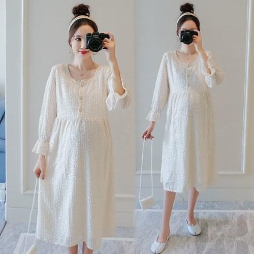 187# 2021 Autumn Korean Fashion Chiffon Maternity Long Party Dress Ties Waist Slim A Line Loose Clothes for Pregnant Women Chic