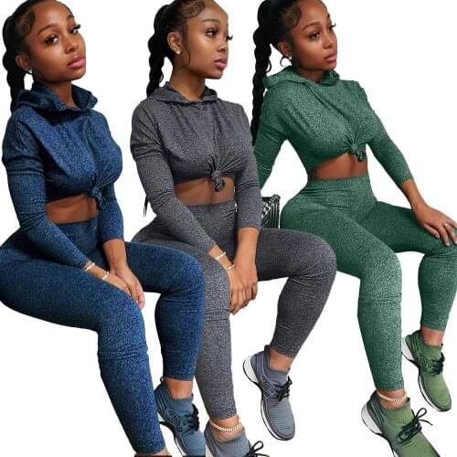 Fitness Sporty 2 Piece Set Solid Long Sleeve Hooded Crop Top And High Waist Leggings Matching Set Workout 2021 Autumn Jogger Set
